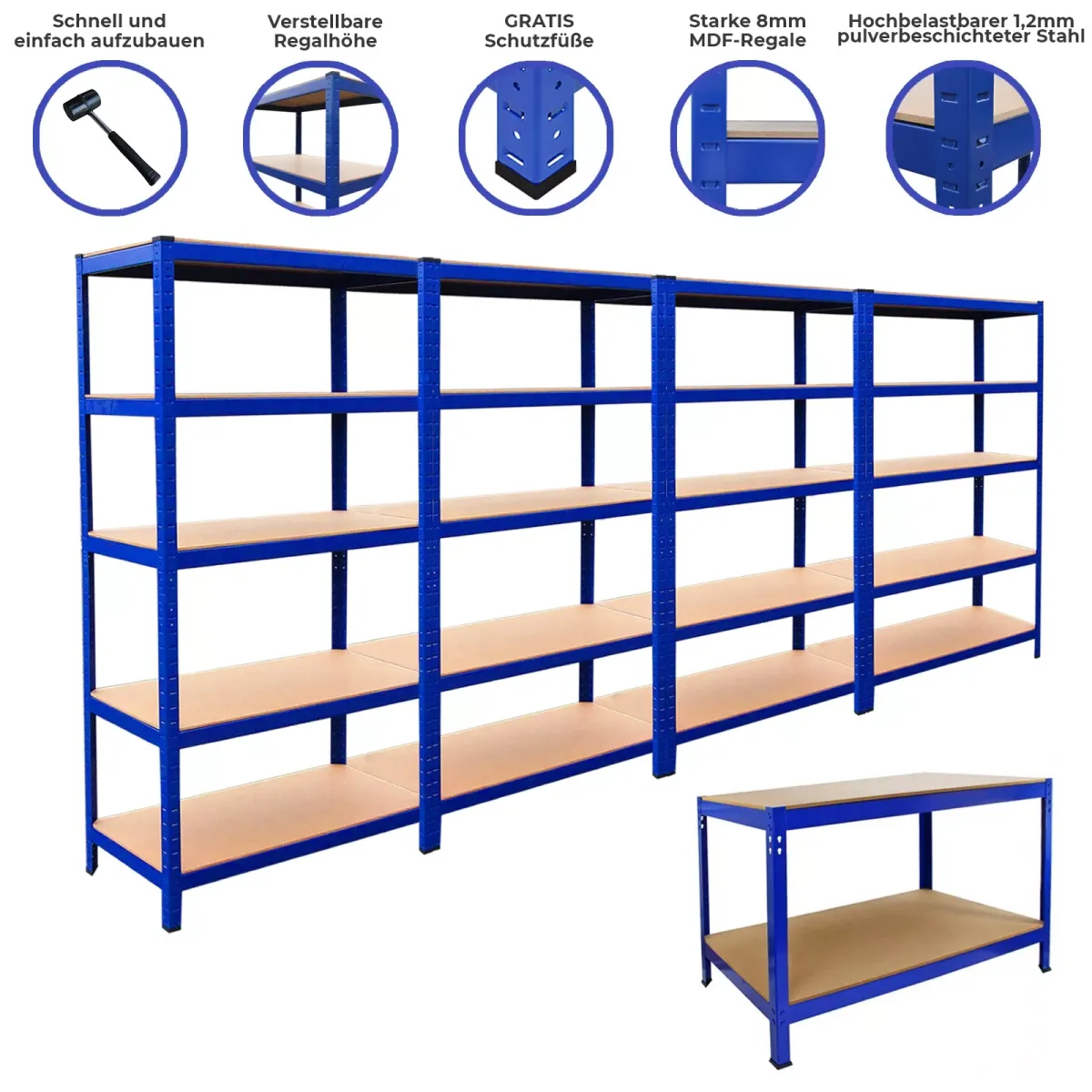 LAGERREGAL 4x T-Rax 90cm Blau & Q-Rax Werkbank 120cm Blau im Set
