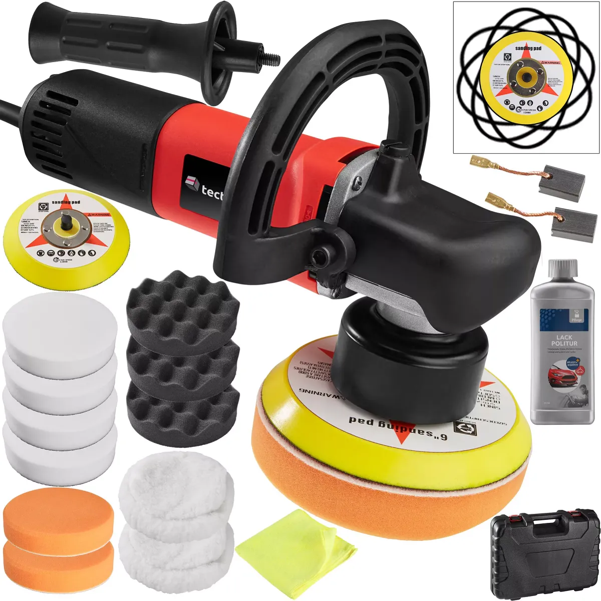 POLIERMASCHINE 16er Set Exzenter, inklusive Lackpolitur, 1 Mikrofasertuch, 2 Ersatzkohlen und Transportkoffer,schwarz/ro