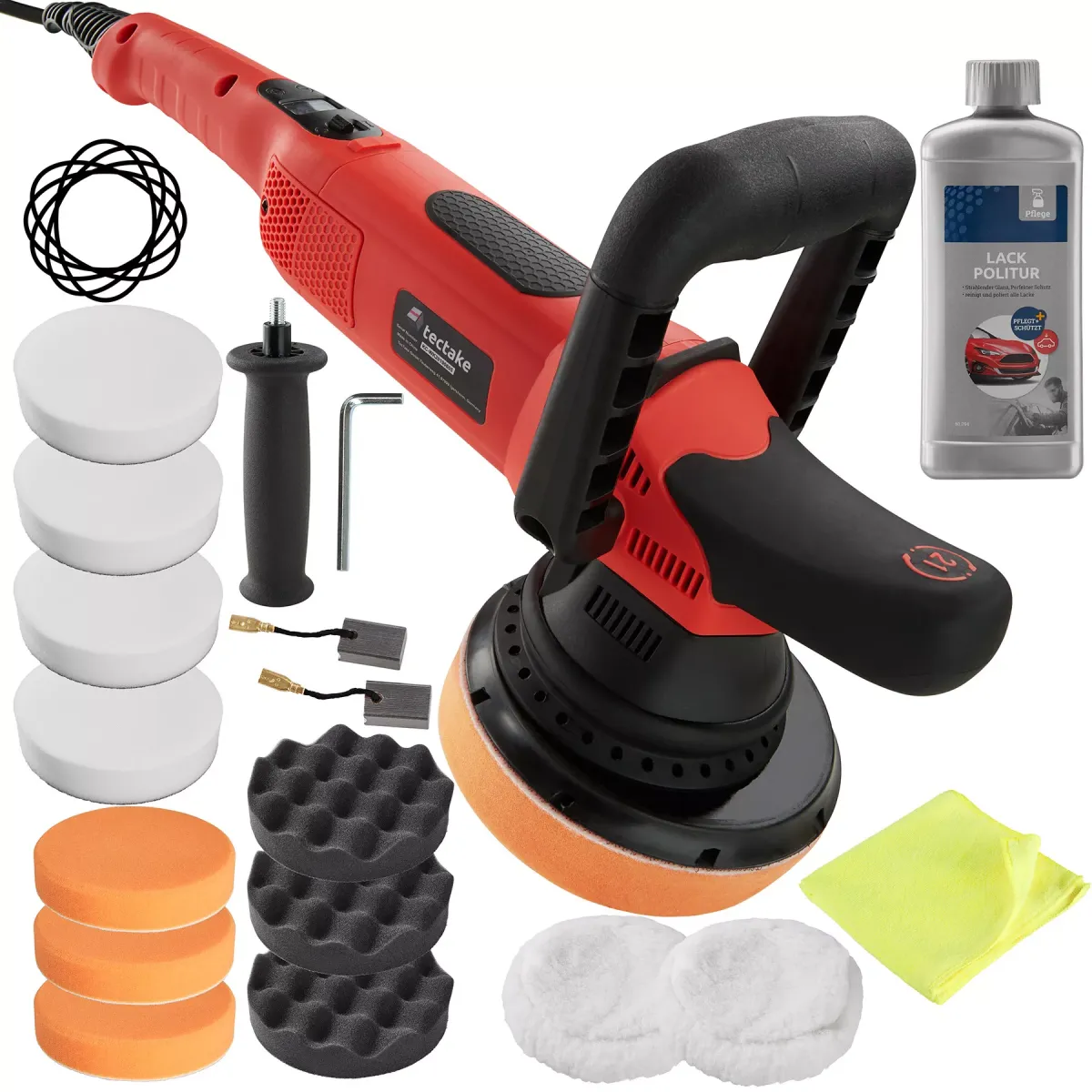 POLIERMASCHINE 16er Set Exzenter, inklusive Lackpolitur, Mikrofasertuch und 2 Ersatzkohlen,schwarz/rot