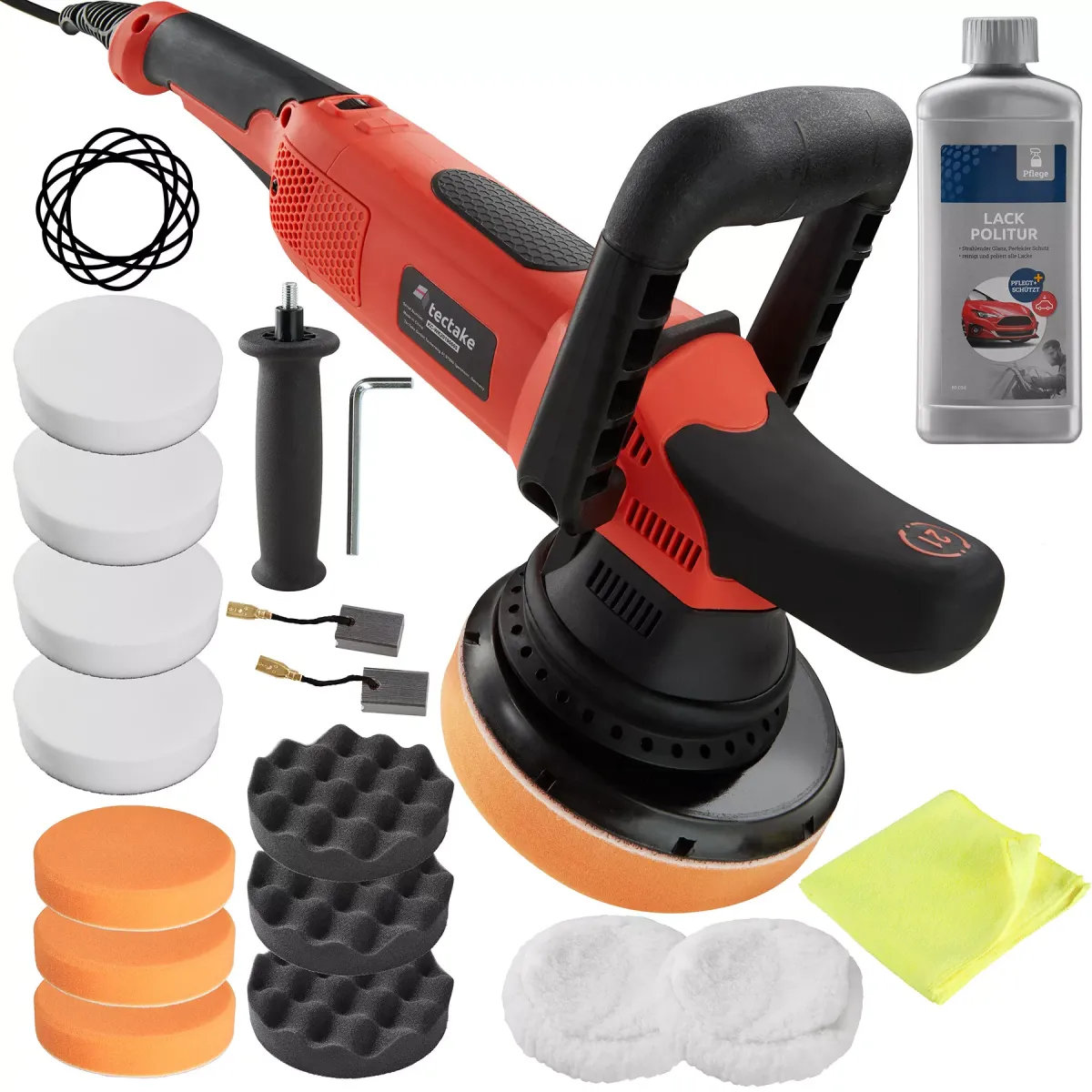 POLIERMASCHINE 16er Set Exzenter, inklusive Lackpolitur, Mikrofasertuch und 2 Ersatzkohlen,schwarz/rot