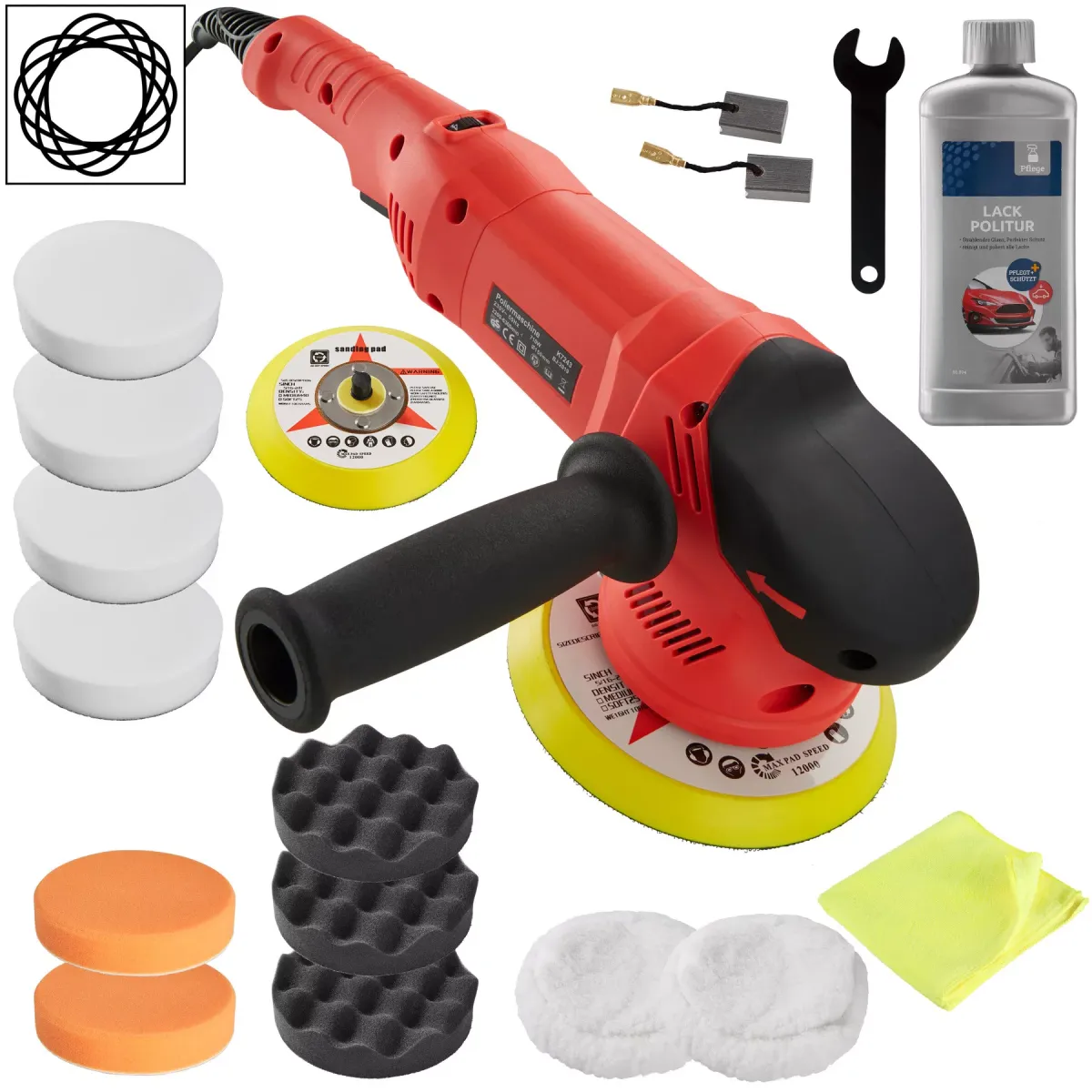 POLIERMASCHINE 17er Set Exzenter, inklusive Lackpolitur, Mikrofasertuch und 2 Ersatzkohlen,schwarz/rot
