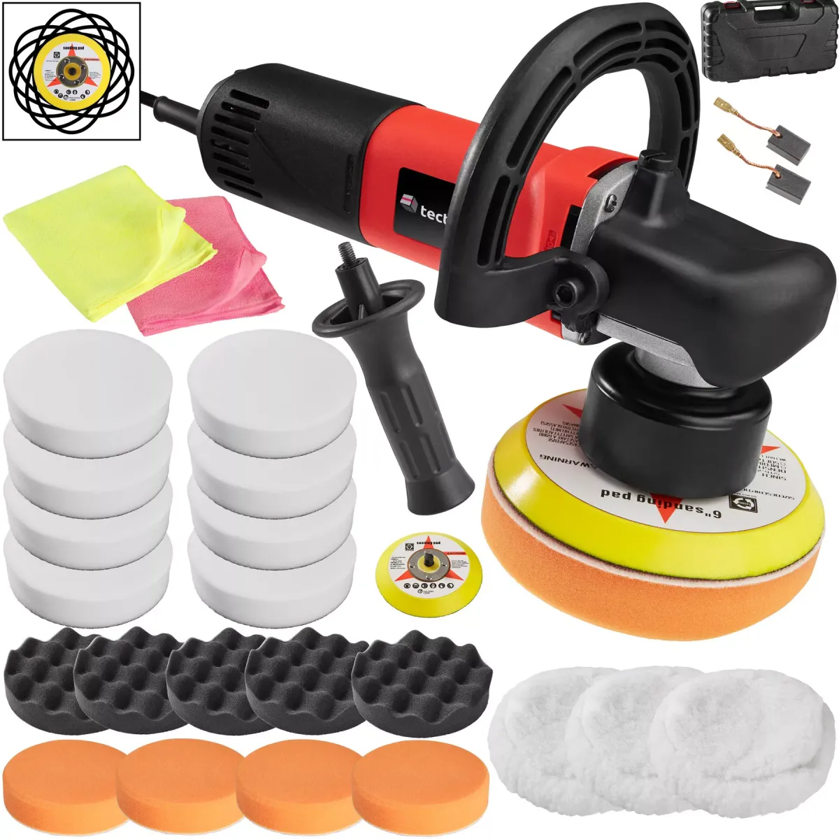 POLIERMASCHINE 25er Set Exzenter, inklusive 2 Mikrofasertüchern, 2 Ersatzkohlen und Transportkoffer,schwarz/rot