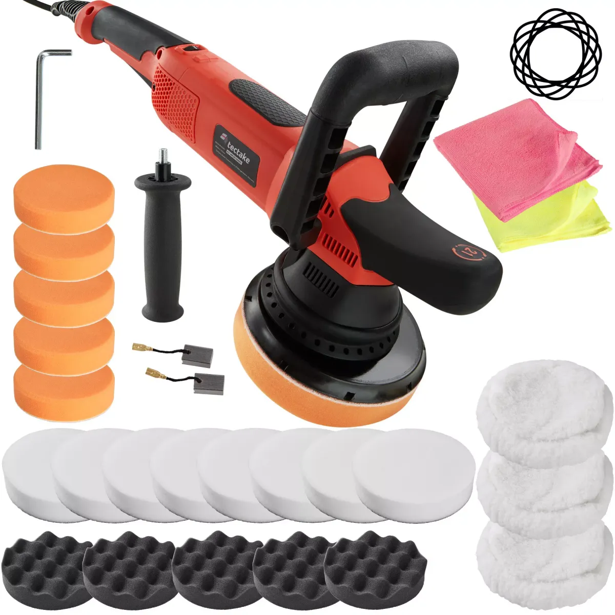 POLIERMASCHINE 25er Set Exzenter, inklusive 2 Mikrofasertüchern und 2 Ersatzkohlen,schwarz/rot