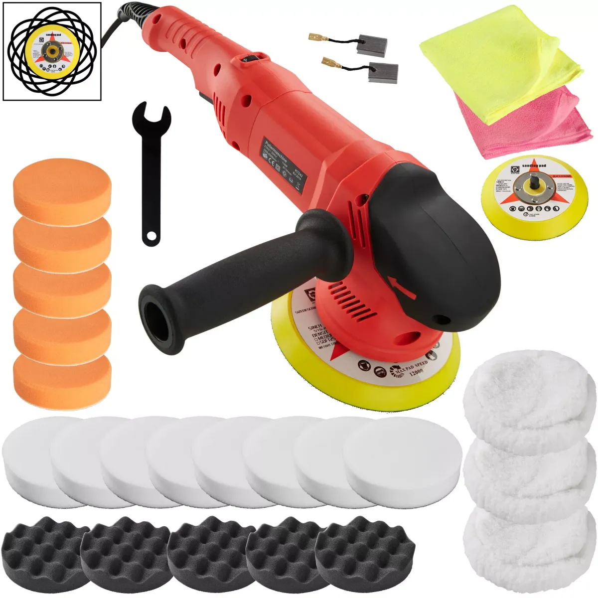 POLIERMASCHINE 26er Set Exzenter, inklusive 2 Mikrofasertüchern und 2 Ersatzkohlen,schwarz/rot