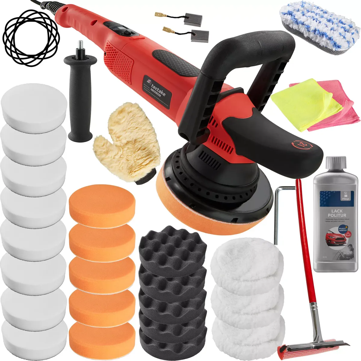 POLIERMASCHINE 28er Set Exzenter, inklusive Lackpolitur, 2 Mikrofasertüchern, Wischer, Schwamm, Handschuh und 2 Ersatzkohlen,schwarz/rot