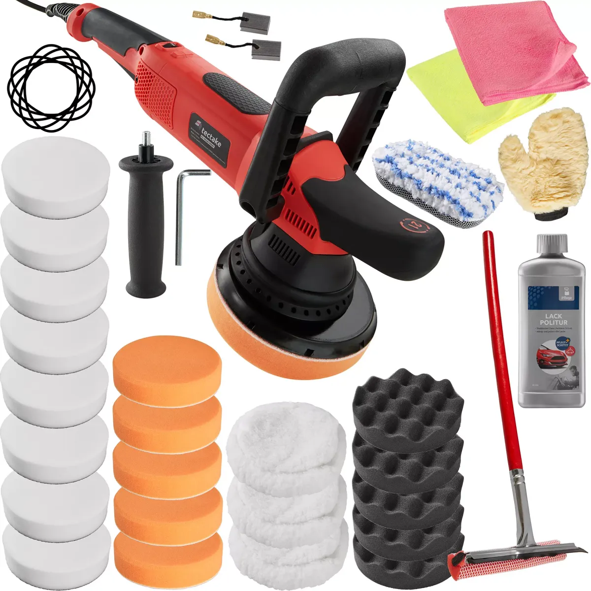 POLIERMASCHINE 28er Set Exzenter, inklusive Lackpolitur, 2 Mikrofasertüchern, Wischer, Schwamm, Handschuh und 2 Ersatzkohlen,schwarz/rot