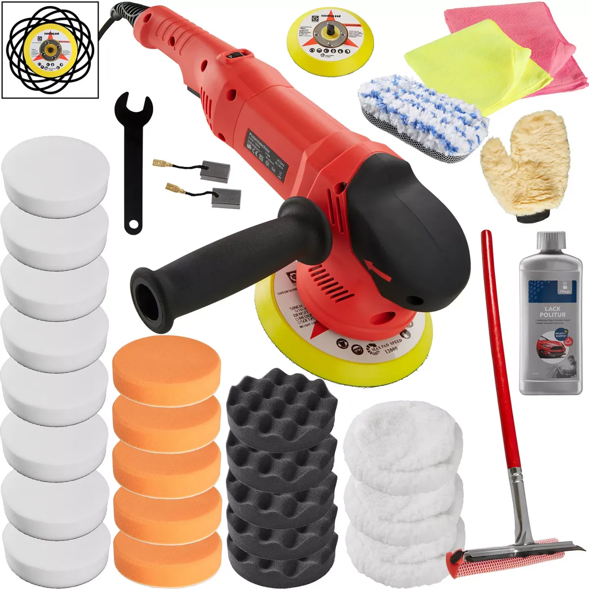 POLIERMASCHINE 29er Set Exzenter, inklusive Lackpolitur, 2 Mikrofasertüchern, Wischer, Schwamm, Handschuh und 2 Ersatzkohlen,schwarz/rot
