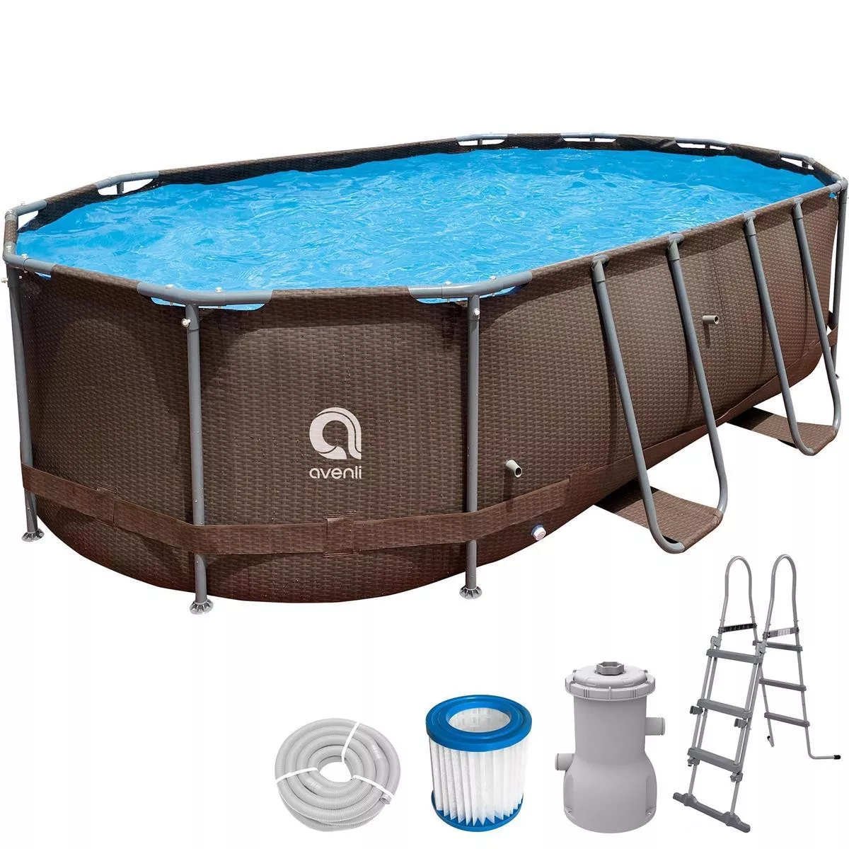 POOL Komplettset Framepool oval 258 x 179 x 66 cm rattan-braun mit Filterpumpe