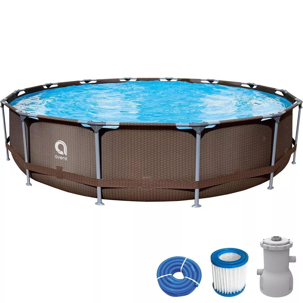 POOL Komplettset Framepool rund 427 x 84 cm rattan-braun mit Filterpumpe