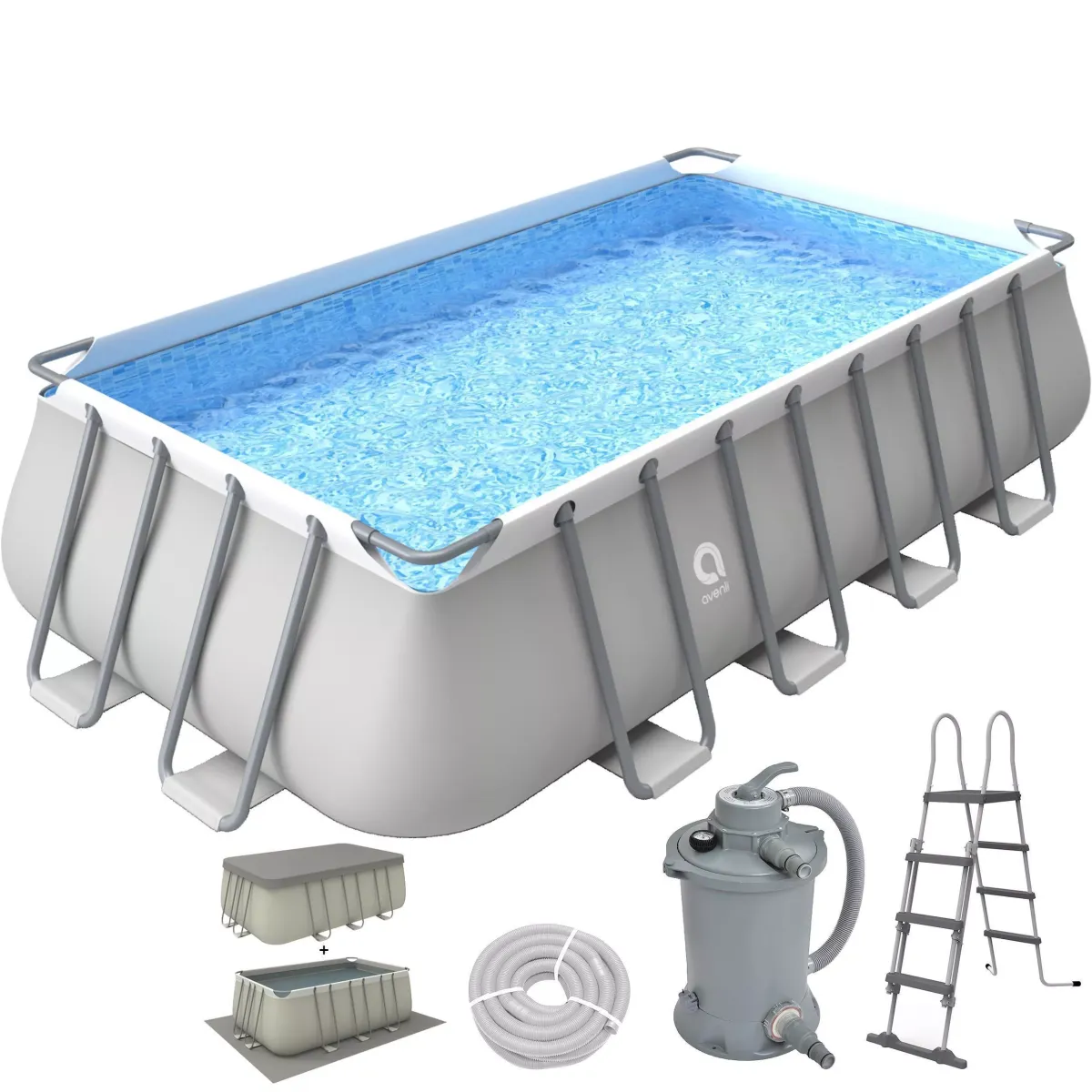 POOL Komplettset rechteckig 549 x 305 x 122 cm grau mit Sandfilter und Leiter
