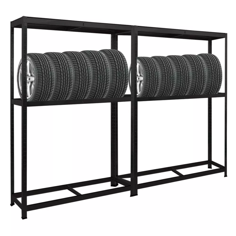 REIFENREGAL Ragnar 2er-Set mit 2x 180x120x40 cm bis zu 8 Reifen auf 2 Ebenen + Ablage 265 kg Fachlast Schwarz