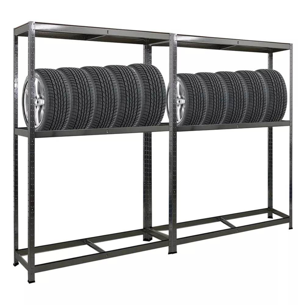 REIFENREGAL Ragnar 2er-Set mit 2x 180x120x40 cm bis zu 8 Reifen auf 2 Ebenen + Ablage 265 kg Fachlast Verzinkt