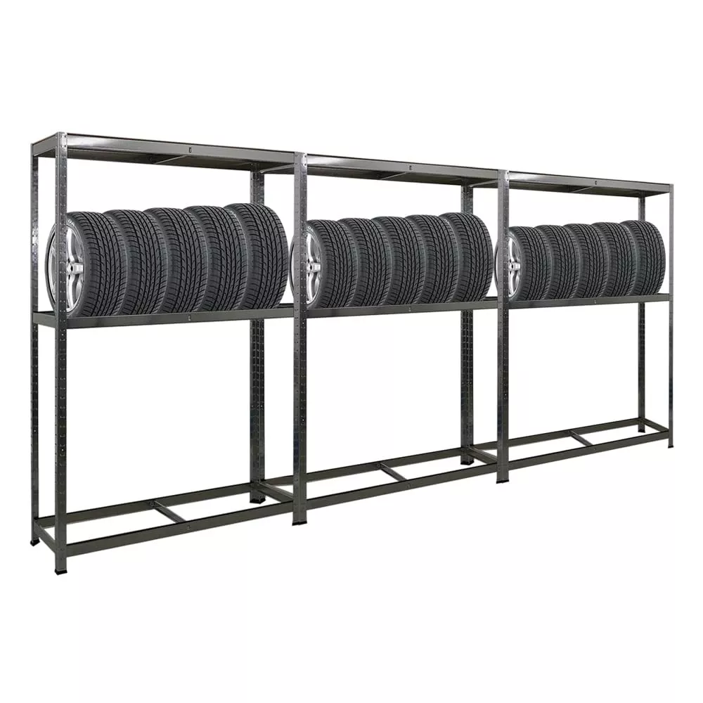 REIFENREGAL Ragnar 3er-Set mit 3x 180x120x40 cm bis zu 8 Reifen auf 2 Ebenen + Ablage 265 kg Fachlast Verzinkt