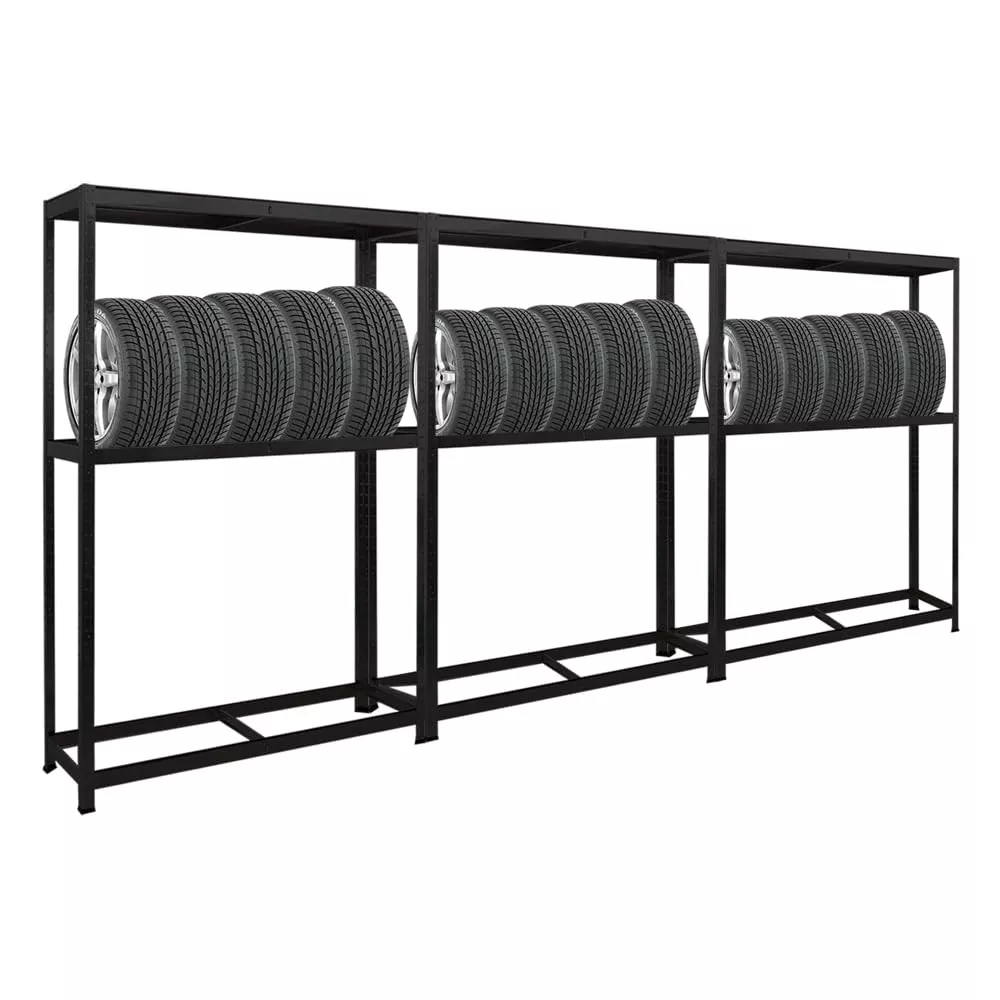 REIFENREGAL Ragnar 3er-Set mit 3x 180x120x40 cm bis zu 8 Reifen auf 2 Ebenen + Ablage 265 kg Fachlast Schwarz