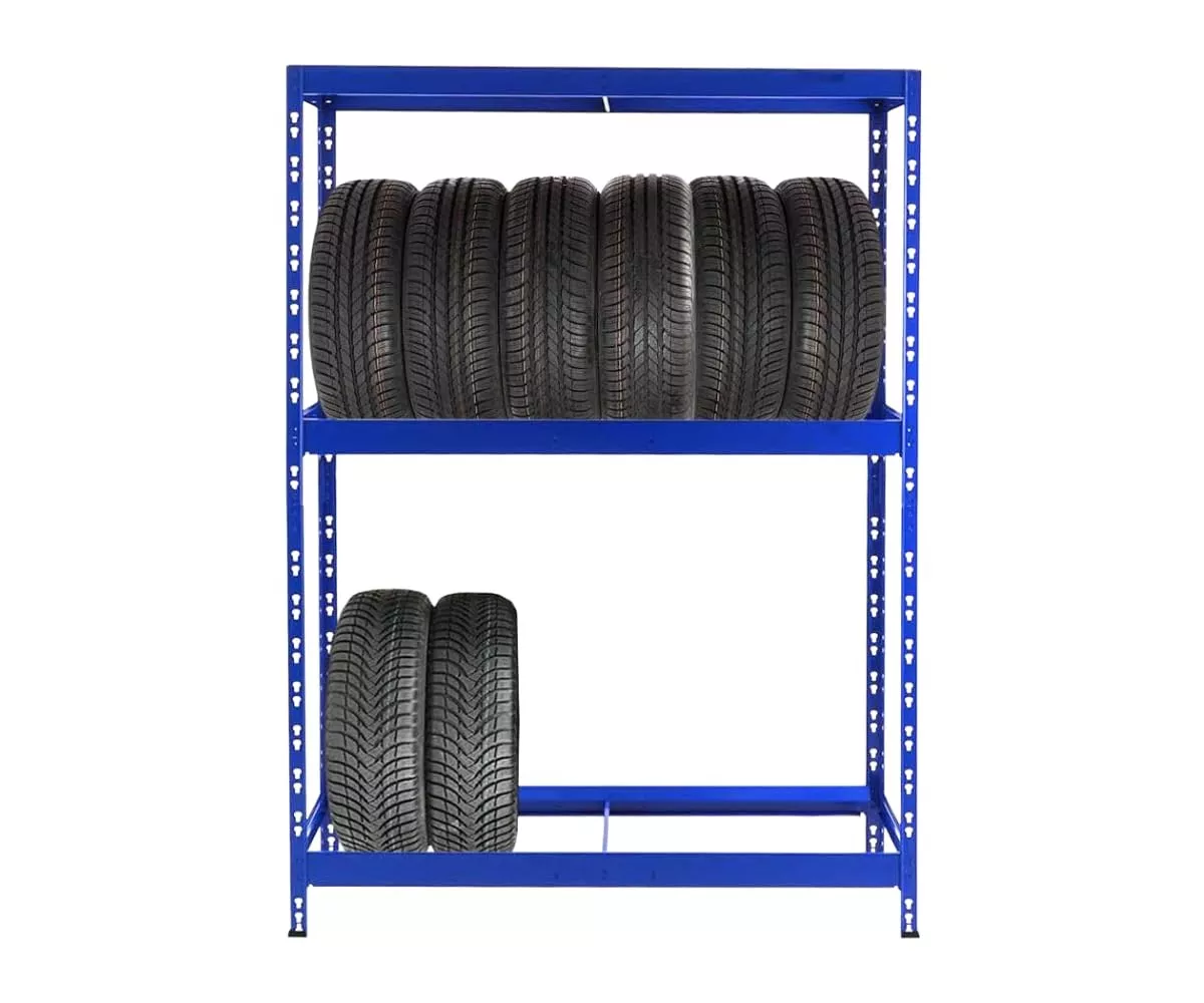 REIFENREGAL Tiger 180x130x50 cm bis zu 12 Reifen auf 2 Ebenen + Ablage Blau