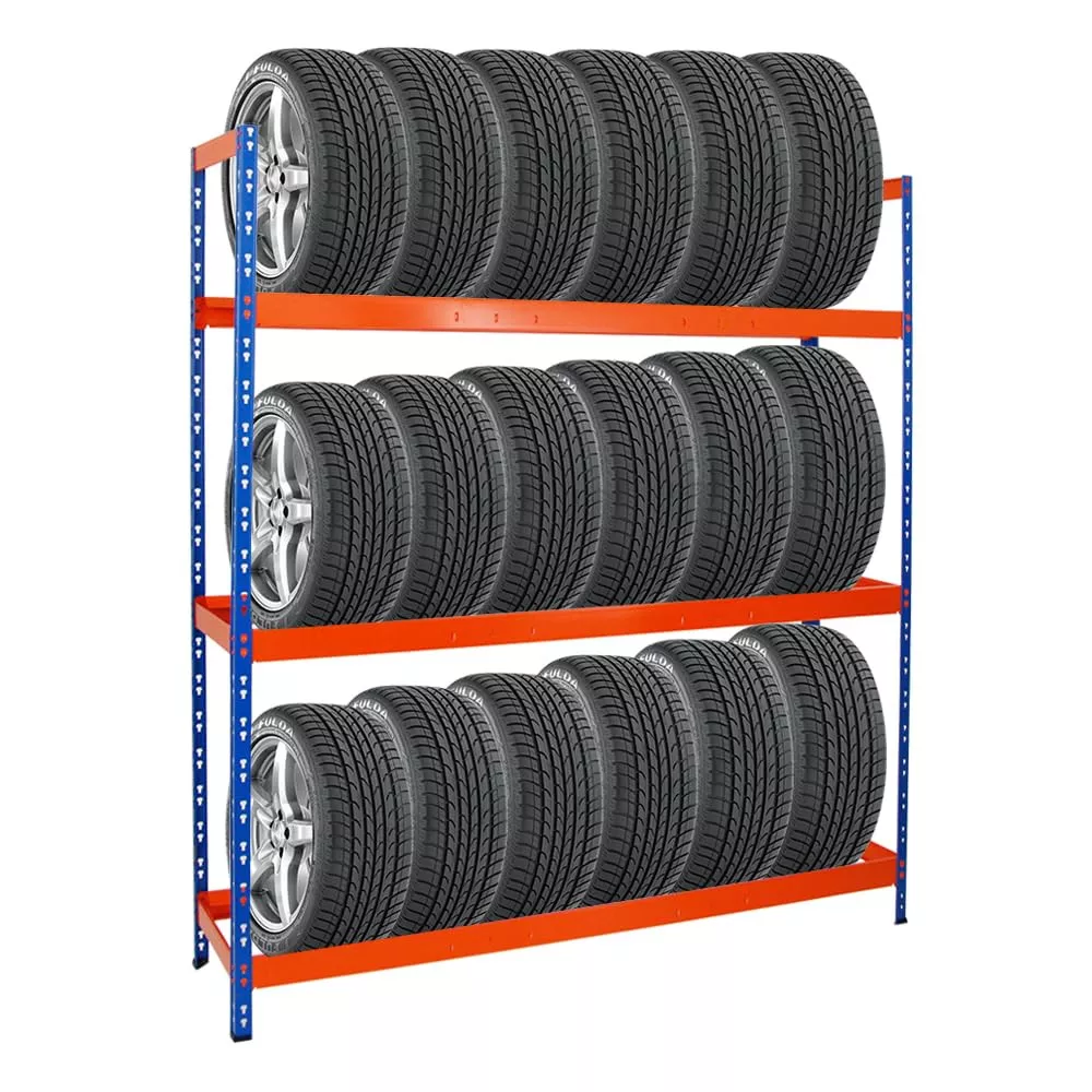 REIFENREGAL Tiger XL 200x180x45 cm 300 kg Fachlast bis zu 21 Reifen auf 3 Ebenen Blau/Orange
