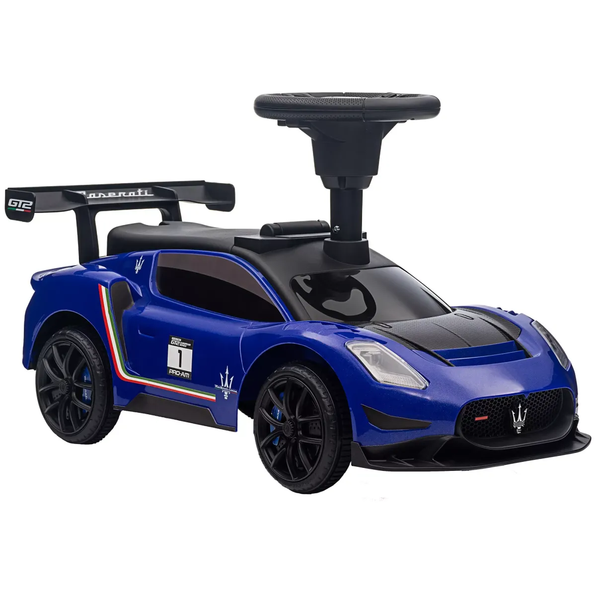 RUTSCHAUTO, Lizenzfahrzeug, interaktive Hupen- und Musikknöpfe, Kunststoff und Stahl, Blau