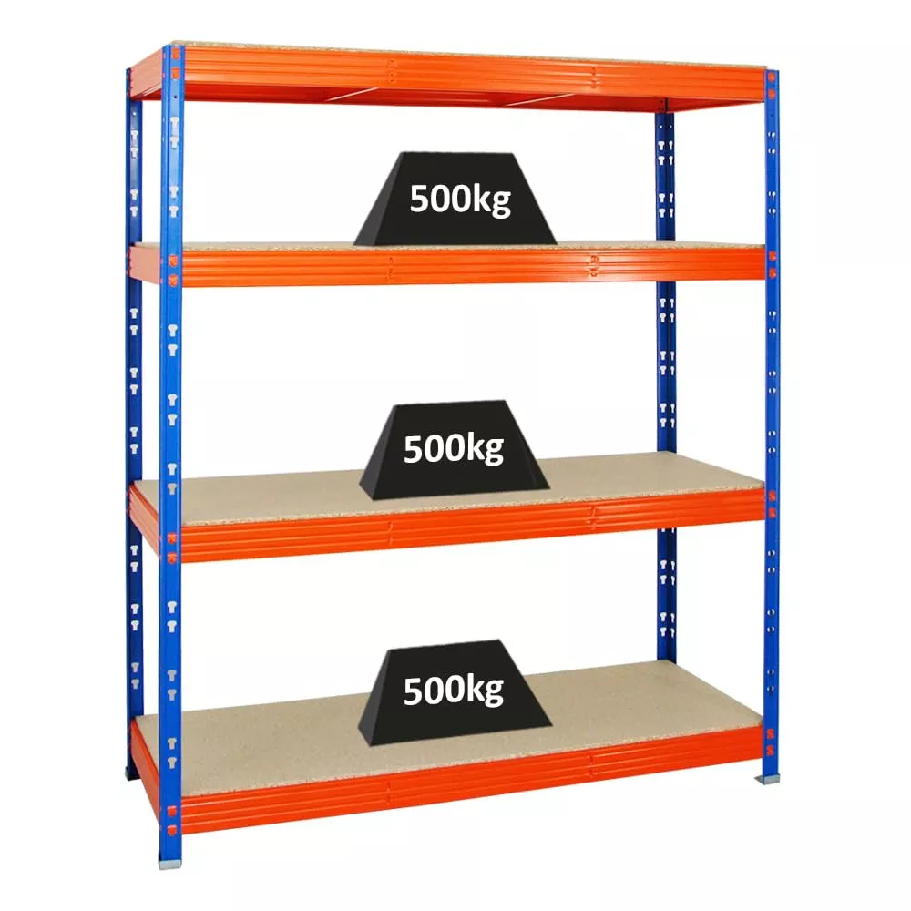 SCHWERLASTREGAL Rhino 180x160x60 cm 4 Spanplatten-Ebenen 16mm Fachlast 500 kg Blau/Orange