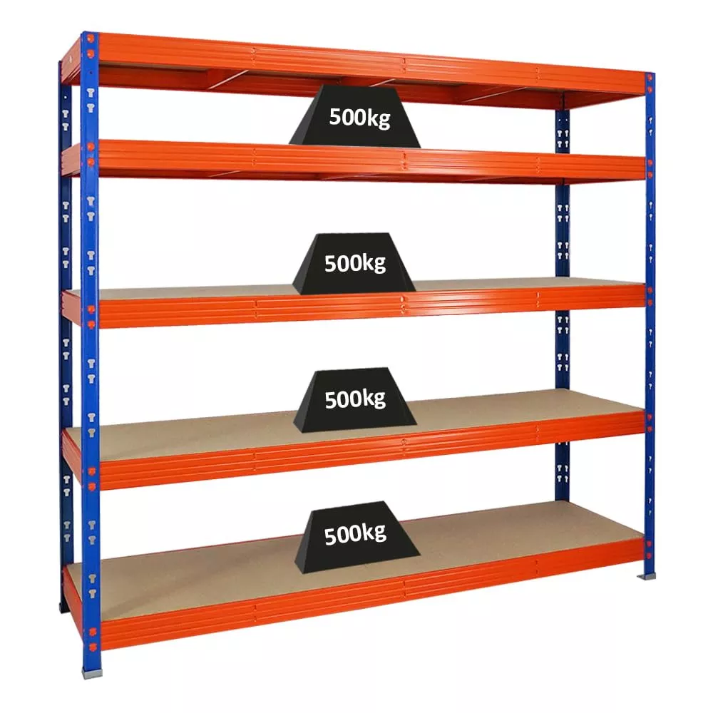 SCHWERLASTREGAL Rhino 180x200x60 cm 5 Spanplatten-Ebenen 8mm Fachlast 500 kg Blau/Orange