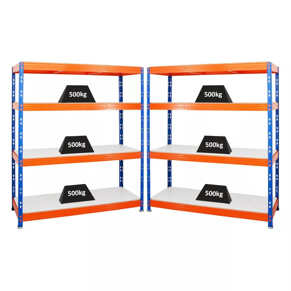 SCHWERLASTREGAL Rhino 2er-Set mit 2x 180x160x60 cm 4 Melamin-Ebenen 16mm Fachlast 500 kg Blau-Orange