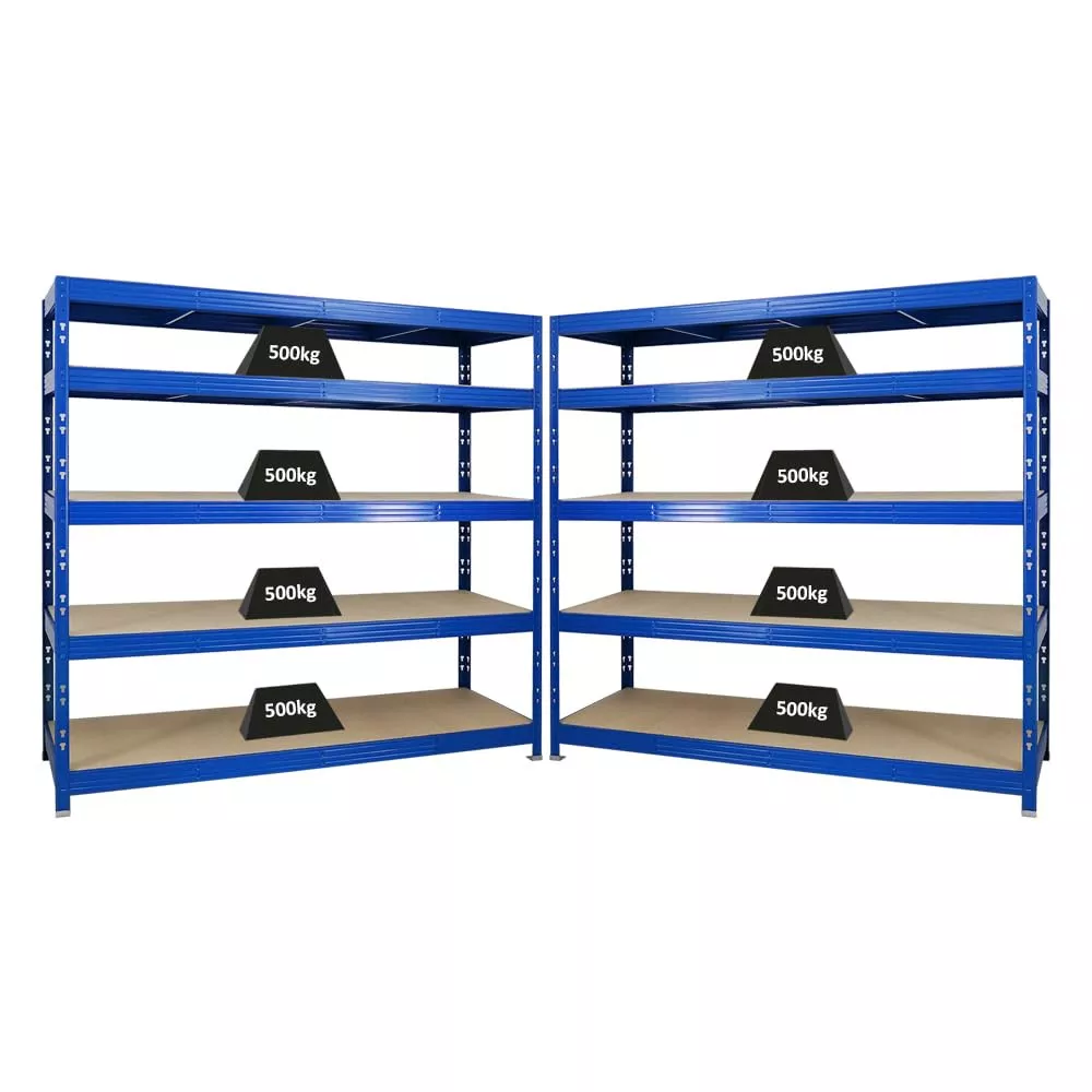 SCHWERLASTREGAL Rhino 2er-Set mit 2x 180x200x60 cm 5 Spanplatten-Ebenen 8mm Fachlast 500 kg Blau