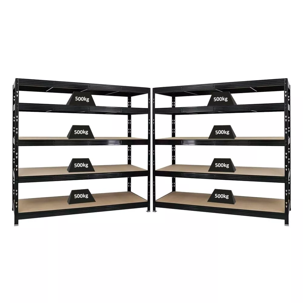 SCHWERLASTREGAL Rhino 2er-Set mit 2x 180x200x60 cm 5 Spanplatten-Ebenen 8mm Fachlast 500 kg Schwarz