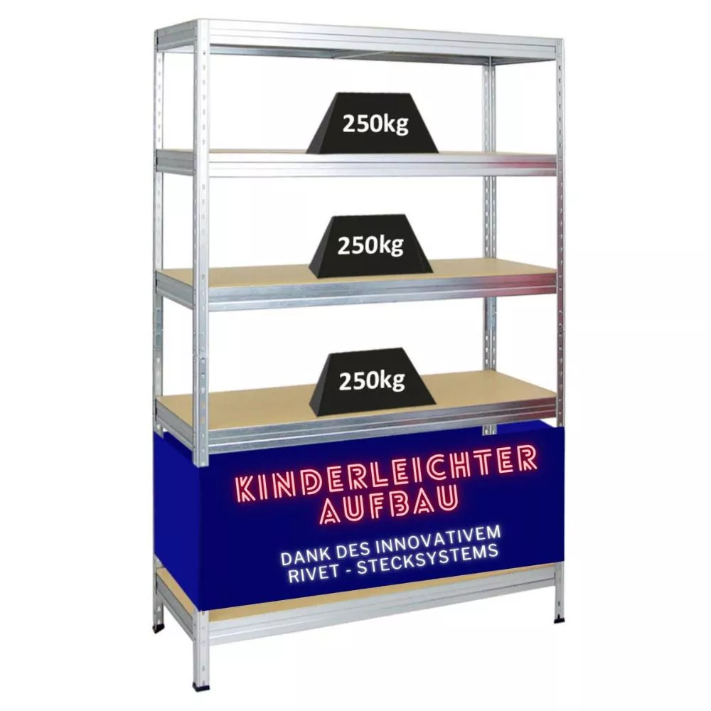 SCHWERLASTREGAL Rivet 180x120x45 cm Fachlast 250 kg Innovatives Stecksystem Verzinkt