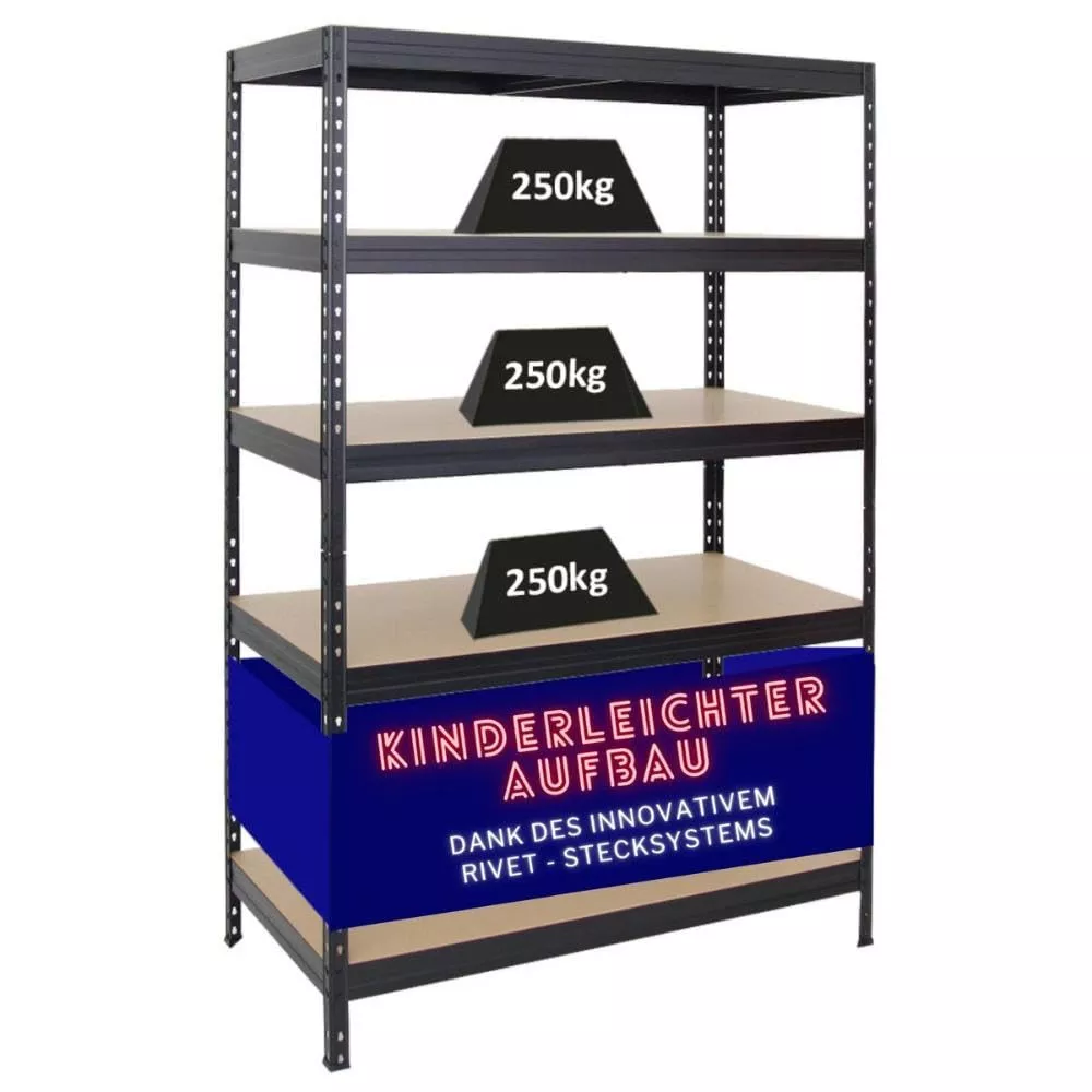 SCHWERLASTREGAL Rivet 180x120x60 cm Fachlast 250 kg Innovatives Stecksystem Schwarz