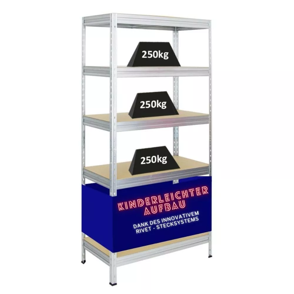 SCHWERLASTREGAL Rivet 180x90x45 cm Fachlast 250 kg Innovatives Stecksystem Verzinkt