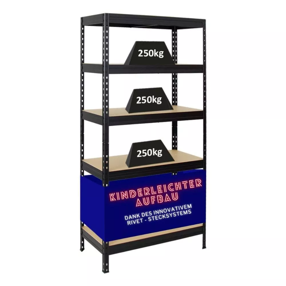 SCHWERLASTREGAL Rivet 180x90x45 cm Fachlast 250 kg Innovatives Stecksystem Schwarz