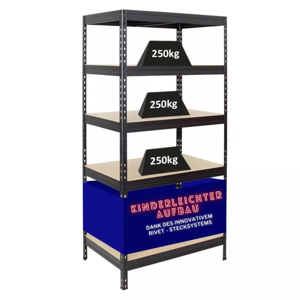 SCHWERLASTREGAL Rivet 180x90x60 cm Fachlast 250 kg Innovatives Stecksystem Schwarz