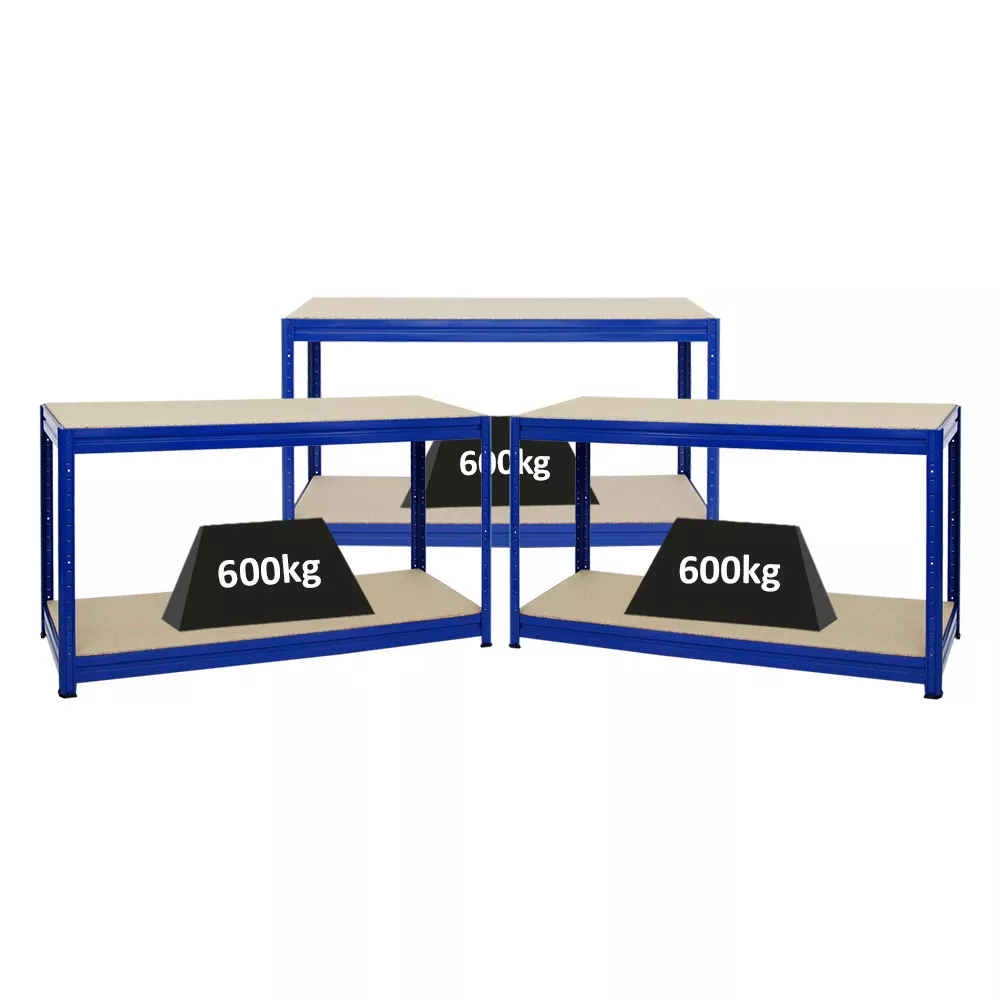 WERKBANK Dino 3er-Set mit 3x höhenverstellbar 90x160x60 cm Traglast 600 kg Blau