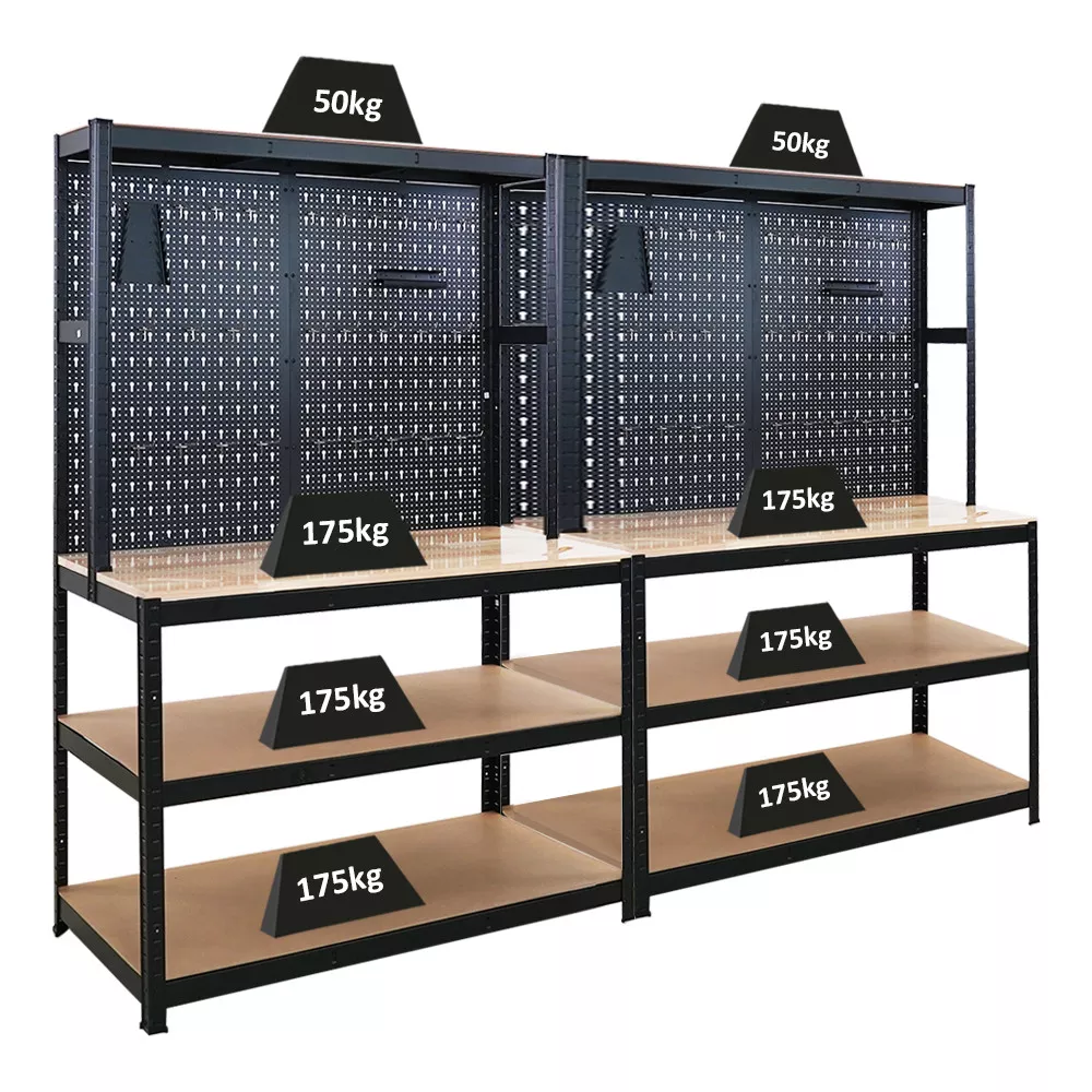 WERKBANK Giant Beast 2er-Set mit Lochwand180x120x60cm Fachlast 175kg inkl. Werkzeughalter Set Schwarz