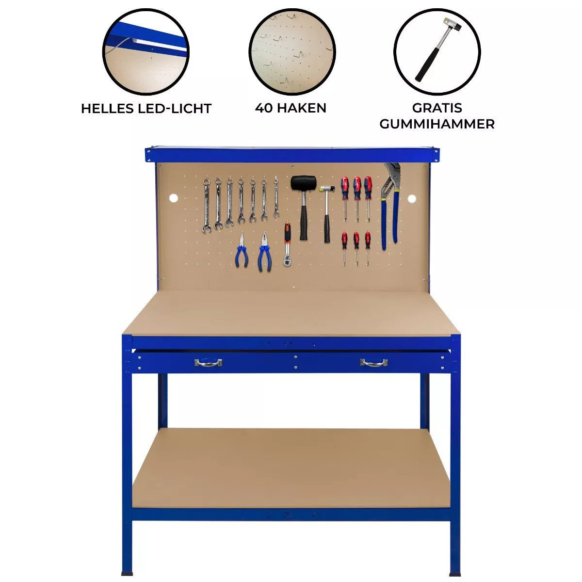 WERKBANK mit Lochwand, Schublade & Licht - Blau