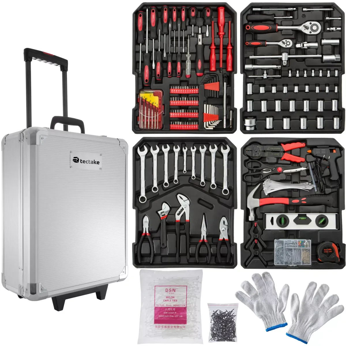 WERKZEUGKOFFER ,mit Klappgriff und Teleskopgriff, inklusive Handschuhe,silber