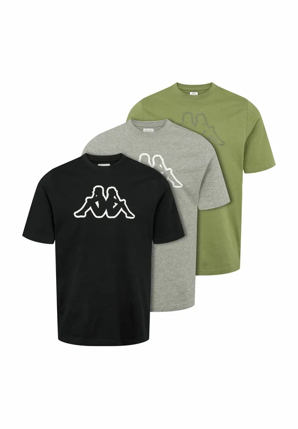 3-PACK - T-Shirt print - grey mel black olive green