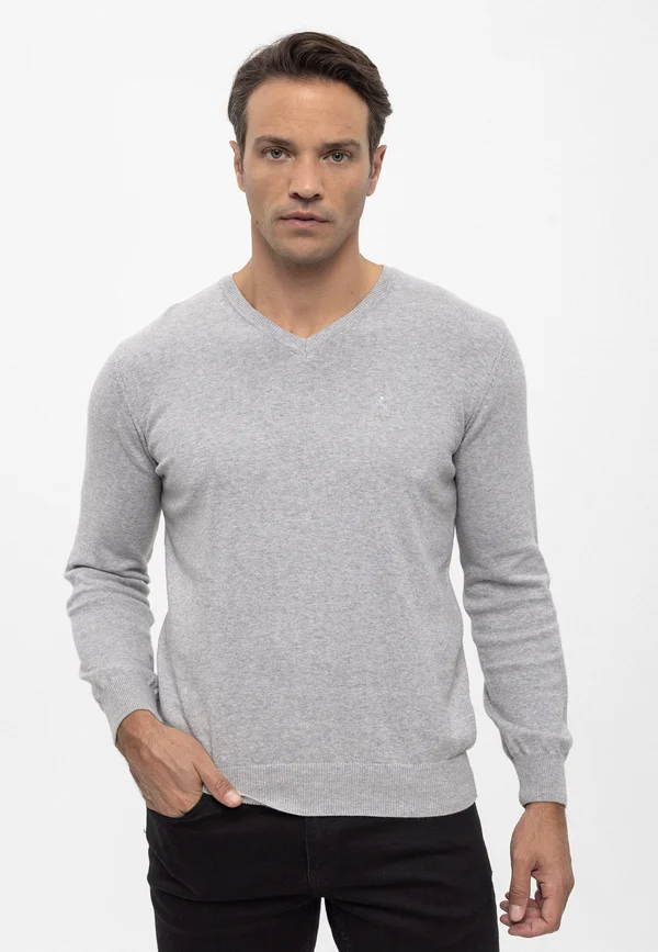 BASIC V NECK ARM PATCH DETAIL - Strickpullover - grey