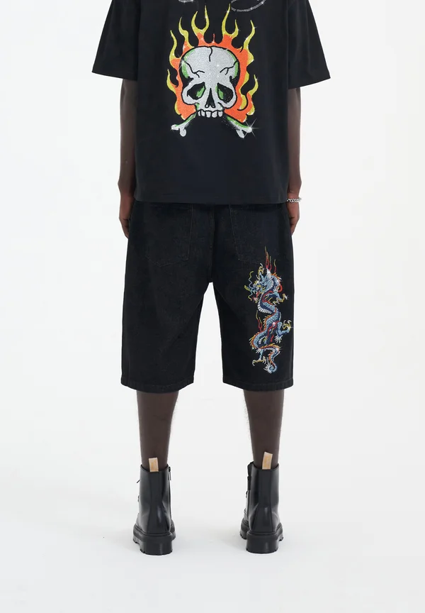 BATTLE-DRAGON DIAMANTE JORTS - Jeans Shorts - black