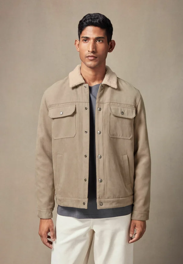 BORG COLLARED TRUCKER - REGULAR FIT - Kunstlederjacke - stone