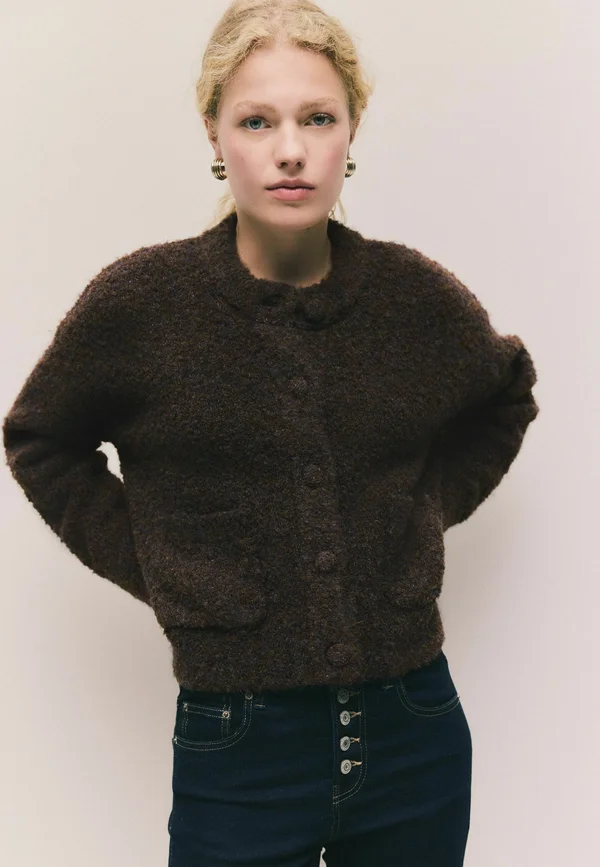 BOUCLE POCKET CREW NECK - Strickjacke - chocolate brown