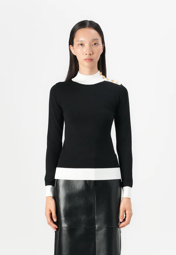 BUTTON MOCK NECK - Strickpullover - black