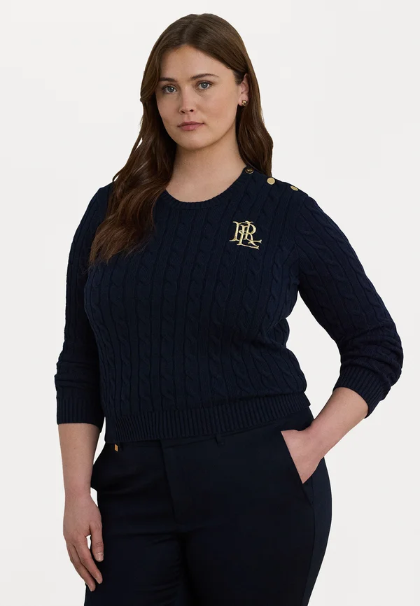 BUTTON TRIM CABLE KNIT COTTON SWEATER - Strickpullover - navy
