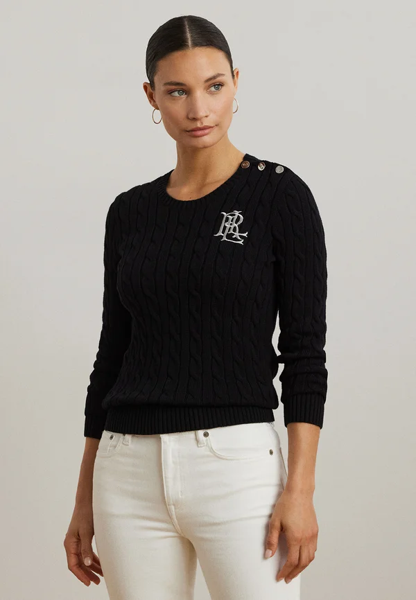 BUTTON TRIM CABLE KNIT - Strickpullover - black