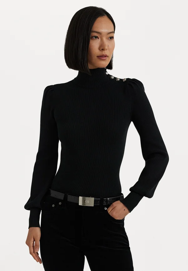 BUTTON-TRIM MOCKNECK JUMPER - Strickpullover - black