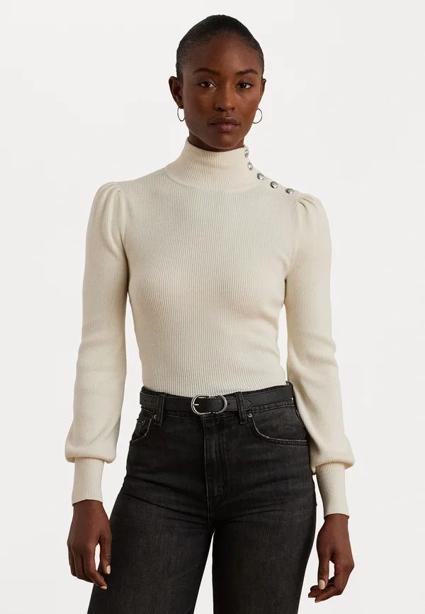 BUTTON-TRIM MOCKNECK JUMPER - Strickpullover - mascarpone cream