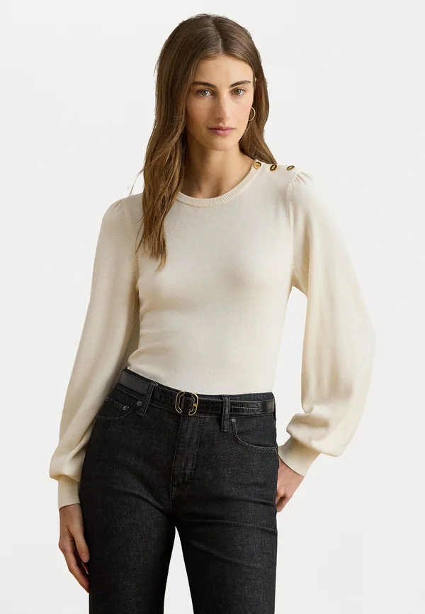 BUTTON-TRIM PUFF-SLEEVE SWEATER - Strickpullover - mascarpone cream