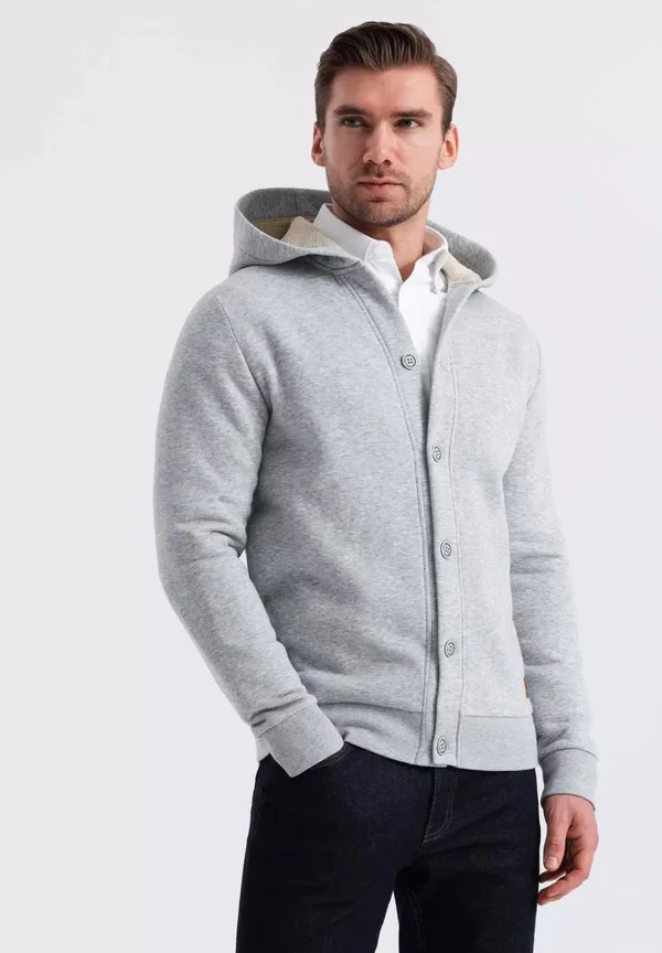 BUTTON UP HOODIE - Strickjacke - light grey melange