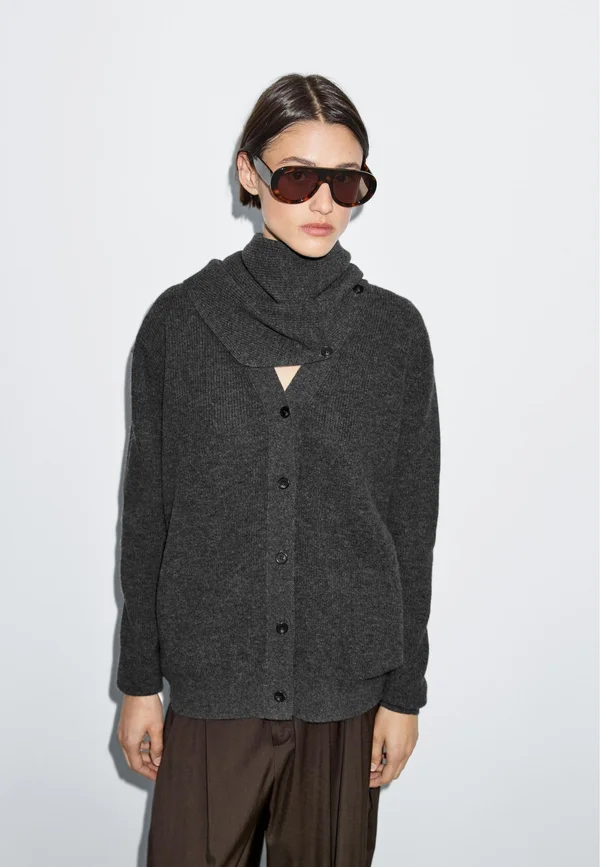 BUTTONED LONG SLEEVE WITH SCARF - Strickjacke - dark grey