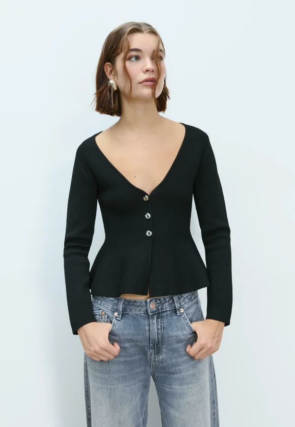 BUTTONED PEPLUM - Strickjacke - black