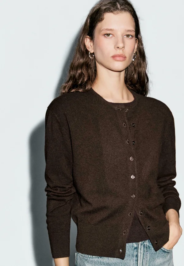 BUTTONED WITH CREW NECK - Strickjacke - dark brown